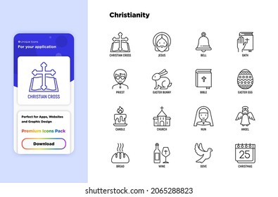 Christianity thin line icons set of priest, oath, church, nun, crucifixion, Jesus, bible, dove, Easter egg, wine. Vector illustration.