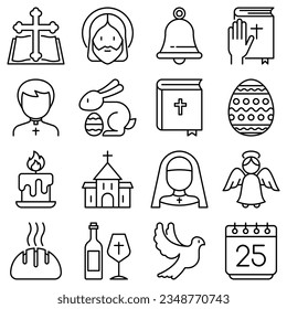 Íconos de delgada línea cristiana conjunto de sacerdotes, juramento, iglesia, monja, crucifixión, Jesús, biblia, paloma, huevo de Pascua, vino. Ilustración vectorial.