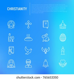 Christianity thin line icons set of priest, church, nun, crucifixion, Jesus, bible, dove. Vector illustration.