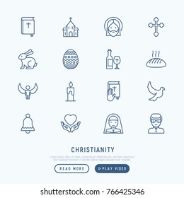 Christianity thin line icons set of priest, church, nun, crucifixion, Jesus, bible, dove. Vector illustration.