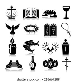 Christianity traditional religious symbols black icons set isolated vector illustration