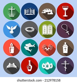 Christianity traditional religious symbols flat icons set with cross bible goblet isolated vector illustration