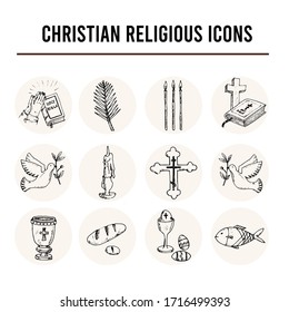 Christianity Traditional Religious Symbols Isolated Hand Drawn Doodles Vector Set