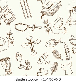 Christianity Traditional Religious Symbols Isolated Hand Drawn Doodles Vector Pattern