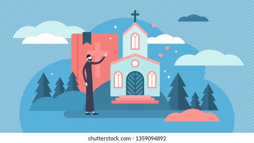 Ilustración vectorial cristiana. El concepto diminuto e plano de los sacerdotes de la iglesia santa. La cultura de la teología sagrada, la tradición étnica esotérica para rezar a Jesús y a Dios. Creencia y fe evangelistas católicas simbólicas.