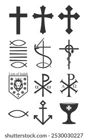 Christianity vector symbol set. Cross crusifix. Nehushtan bronze snake. Bread miracle. Ichthys sign. Lion of judah logo. Chi rho sign. Anchor and holy grail symbol.