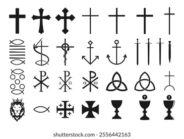 Christianity vector symbol set. Cross crusifix. Nehushtan bronze snake. Bread miracle. Ichthys and trinity sign. Lion of judah logo. Chi rho sign. Anchor and communion chalice cup symbol