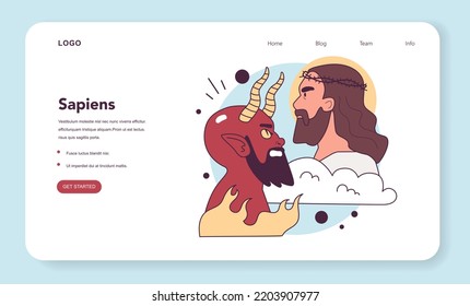 Christianity Web-Banner oder Landing-Seite. Alte monotheistische Religion. Gott oder Schöpfer gegen den Teufel oder Satan. Afterlife-Theorie, Himmel oder Hölle. Flache Vektorgrafik