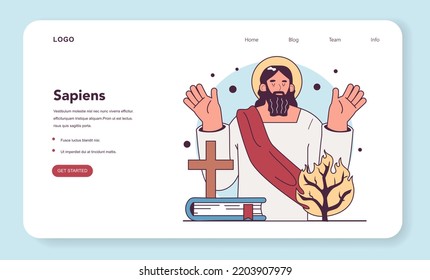 Christianity web banner or landing page. Ancient monotheistic religion. Jesus Christ with cross and burning bush. Narrative from Bible. Flat vector illustration