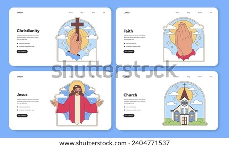 Christianity web elements. Symbols of faith, Jesus's teachings, and church community. Icons for spiritual web design, online worship resources. Flat vector illustration.