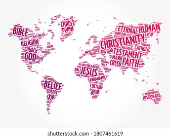 Christianity word cloud in shape of world map, religion concept background