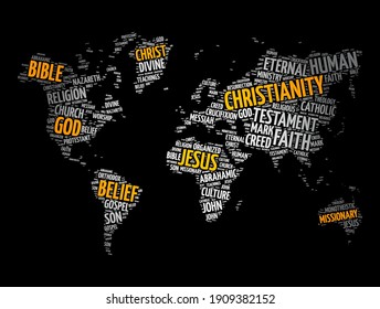 Christentum-Wortwolke in Form von Weltkarte, religiöser Hintergrund