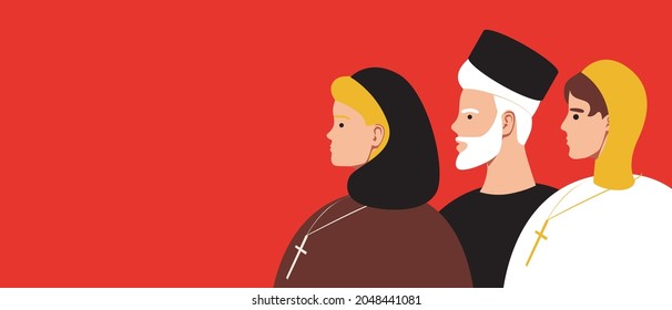 Christians people, copy space template. Flat vector stock illustration. Religion Orthodox Christianity. Culture of Christians. People in traditional clothes. Illustration with place for text