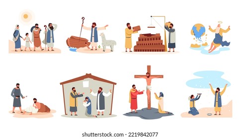 Christians stories. Holy bible parable and characters cartoon flat style, christian religious scenes with God messiah prayer Noah prophet. Vector collection. Christ birth in manger legend