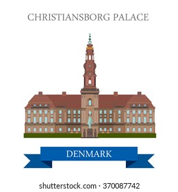 Christiansborg Palace in Copenhagen Denmark. Flat cartoon style historic sight showplace attraction web site vector illustration. World countries cities vacation travel sightseeing collection.