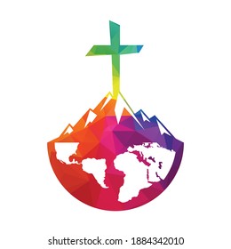 Christine cross on mountain logo design. Cross on globe mountain vector illustration design.