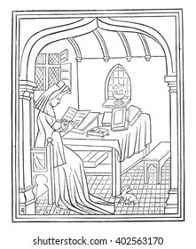 Christine de Pisan en su estudio, ilustración vintage. Magasin Pittoresque 1857.
