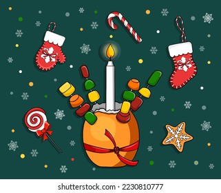Christingle symbol tradition of celebrating Christmas in Britain. Orange and candle. Cartoon vector illustration