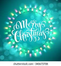 Christma  light garlands like frame on a blue background. Vector illustration EPS10