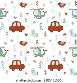 Christma patrón sin costura para los niños textiles, usando, papel pintado, ropa de cama, diseñando tarjetas. Fondo vectorial de Navidad con auto, helicóptero, abeto, pájaro, nieve. Elementos dibujados a mano