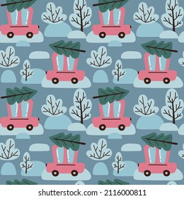 Christma seamless pattern for kids textile, wearing, wallpaper, bedding, designing cards. Christmas vector background with car, fir tree, snow. Hand drawn elements. Winter weather