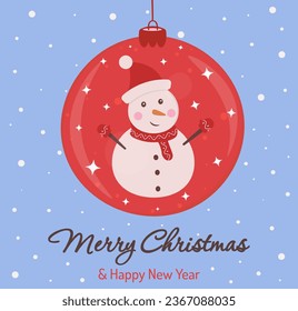 Christmal ball with snowman. Vector illustration for greeting card, postcard, gift, banner.
