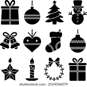 Christmas 12 different themed items silhouette vector illustration