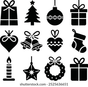 Christmas 12 different themed items silhouette vector art illustration 