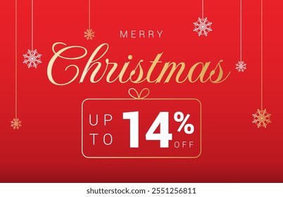 Christmas 14% OFF sale label. Sale percentage Fourteen percent off. Horizontal posters, greeting cards, website. Christmas snowflakes on red background. Vector illustration.