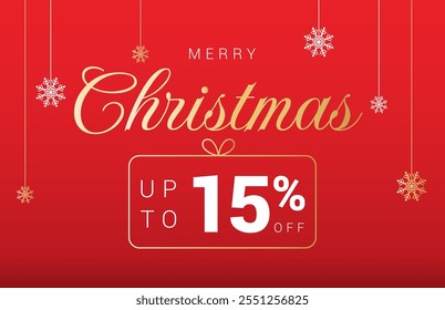 Christmas 15% OFF etiqueta de venda. Porcentagem de venda 15% de desconto. Cartazes horizontais, cartões comemorativos, website. Flocos de neve de Natal em fundo vermelho. Ilustração vetorial.