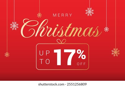 Christmas 17% OFF sale label. Sale percentage Seventeen percent off. Horizontal posters, greeting cards, website. Christmas snowflakes on red background. Vector illustration.