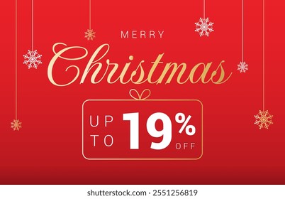 Christmas 19% OFF sale label. Sale percentage Nineteen percent off. Horizontal posters, greeting cards, website. Christmas snowflakes on red background. Vector illustration.