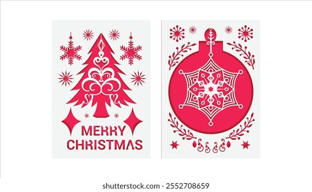 Christmas 2 layer gift card with Christmas tree, ball and Christmas text illustration.