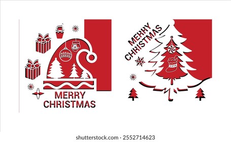 Navidades Tarjeta de regalo de 2 capas con árbol de Navidad, bola y Navidades ilustración de texto.