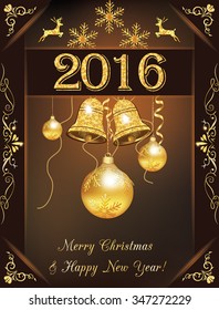  Christmas and 2016 New Year greeting card  Golden brown 2016 greeting card for Christmas and New Year. Gold Glitter Texture, Sequins Pattern. Lights and Sparkles.  Print colors used.