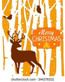 Christmas 2017 postcard with trees, deer and forest birds in orange colors