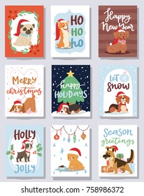 Christmas 2018 dog card vector cute cartoon puppy characters illustration home pets doggy Xmas print design web banner celebrate in Santa Red Hat