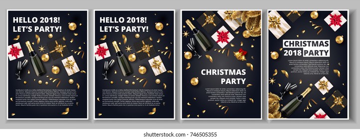 Christmas, 2018 New Year party flyer invitationdesign for winter holiday. Vector realistic luxury VIP gold and red gift, glitter star snowflake confetti with christmas tree on black background