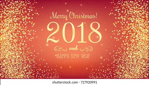 Christmas 2018 and New Year typographical on red background with gold firework. Xmas card. Vector Illustration