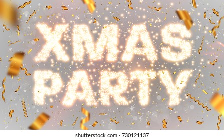 Christmas 2018 party poster template | Xmas and New Year disco placard | Gold glitter and glowing snowflakes | Vector illustration | Silver Background