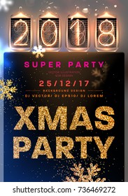 Christmas 2018 party poster template | Xmas and New Year retro disco placard | Vintage nixie tubes and glowing snowflakes | Vector illustration