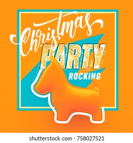 Christmas 2018 Party rocking text and orange Dog figure, vector banner design template.