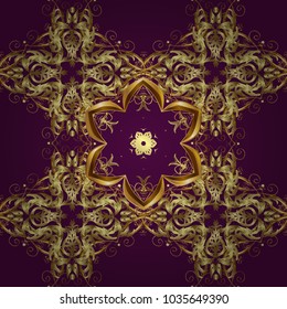 Christmas 2018, snowflake, new year. Vintage seamless pattern on a purple, brown and neutral colors with golden elements.