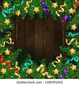 Christmas 2019 fir tree with decoration on a wooden board. Copy-space for text. Vector illustrration