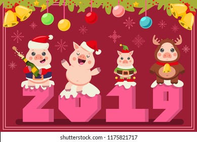 Christmas 2019 greeting card with funny pigs in Santa Claus, elf and reindeer costumes. Vector cartoon illustration with cute animals symbols of the Chinese New Year.
