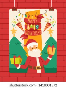 Christmas 2019 Happy New Year greeting card Santa Claus vector background banner holidays winter xmas cartoon congratulation New Year poster or web banner illustration.