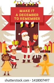 Christmas 2019 Happy New Year greeting card Santa and happy kids children costume vector background banner holidays winter xmas hand draw congratulation New Year poster or web banner illustration.