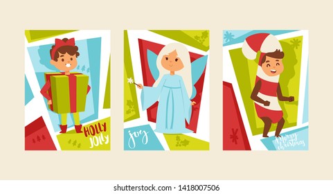 Christmas 2019 Happy New Year greeting card happy kids children costume vector background banner holidays winter xmas congratulation New Year poster or web banner illustration.