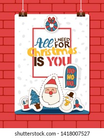 Christmas 2019 Happy New Year greeting card Santa and happy kids children costume vector background banner holidays winter xmas hand draw congratulation New Year poster or web banner illustration.
