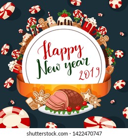 Christmas 2019 New Year food and desserts holiday decoration xmas sweet celebration vector traditional festive winter cake homemade dish.